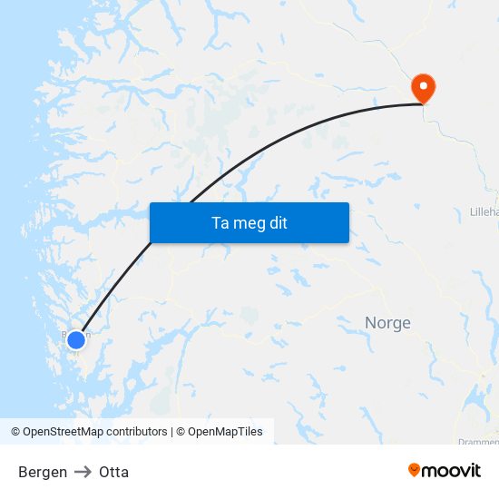 Bergen to Otta map