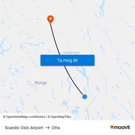 Scandic Oslo Airport to Otta map