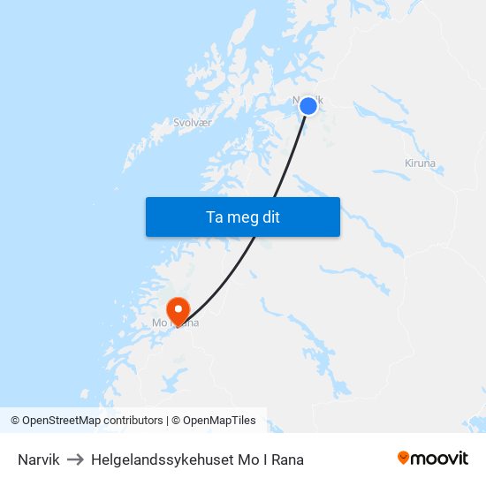 Narvik to Helgelandssykehuset Mo I Rana map