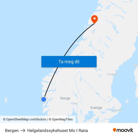 Bergen to Helgelandssykehuset Mo I Rana map