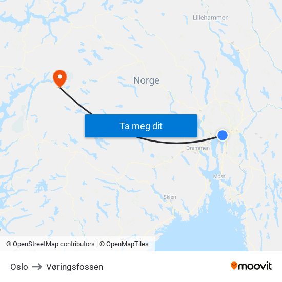 Oslo to Vøringsfossen map