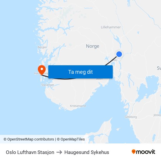 Oslo Lufthavn Stasjon to Haugesund Sykehus map