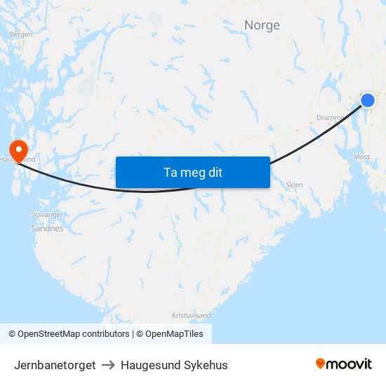 Jernbanetorget to Haugesund Sykehus map