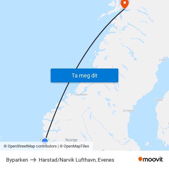 Byparken to Harstad / Narvik Lufthavn, Evenes map