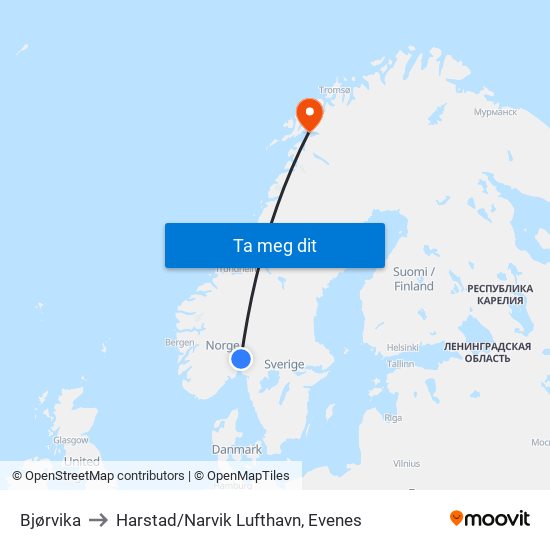 Bjørvika to Harstad / Narvik Lufthavn, Evenes map