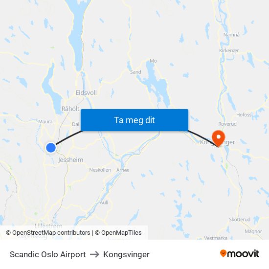 Scandic Oslo Airport to Kongsvinger map
