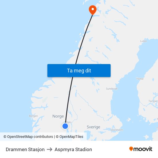 Drammen Stasjon to Aspmyra Stadion map
