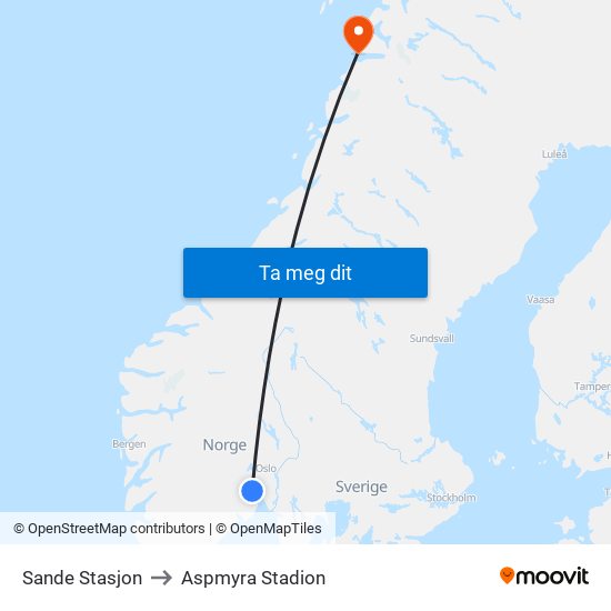 Sande Stasjon to Aspmyra Stadion map