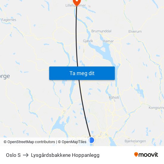 Oslo S to Lysgårdsbakkene Hoppanlegg map