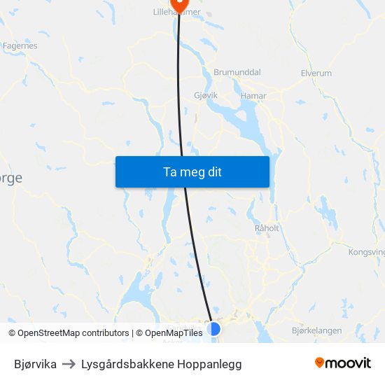 Bjørvika to Lysgårdsbakkene Hoppanlegg map