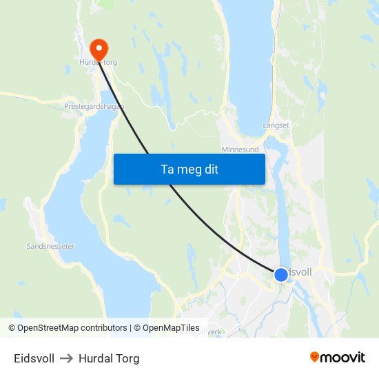 Eidsvoll to Hurdal Torg map