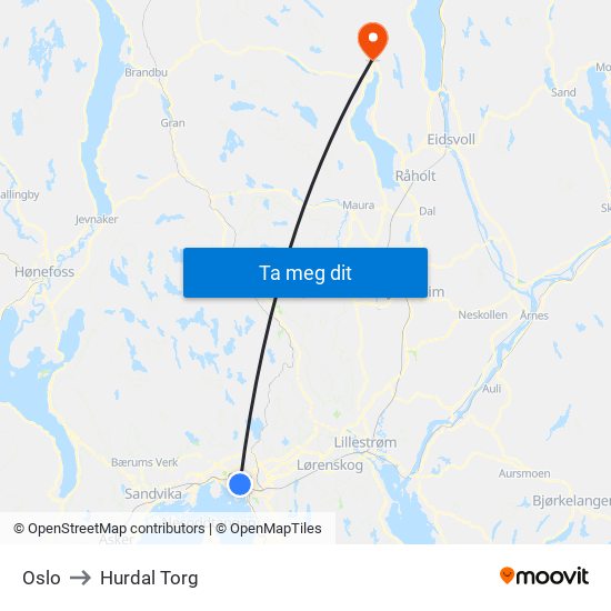 Oslo to Hurdal Torg map