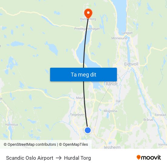 Scandic Oslo Airport to Hurdal Torg map