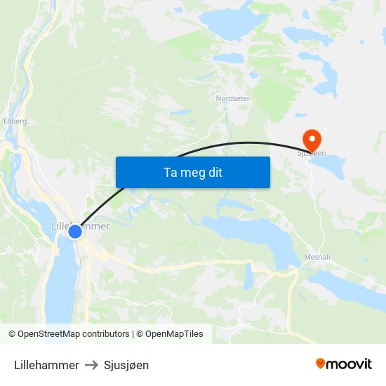 Lillehammer to Sjusjøen map