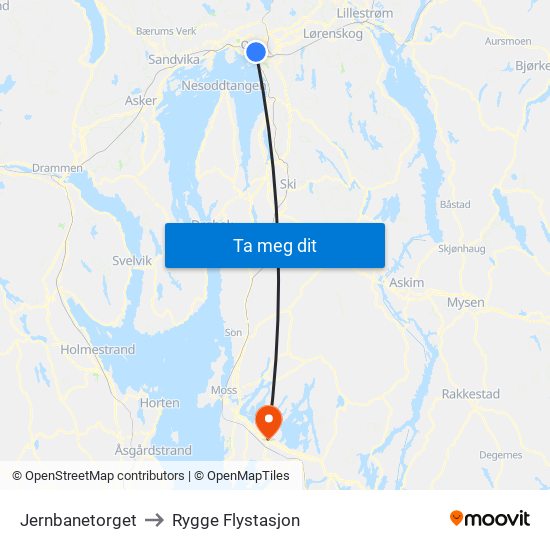 Jernbanetorget to Rygge Flystasjon map