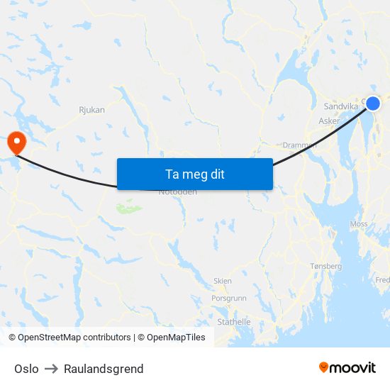 Oslo to Raulandsgrend map