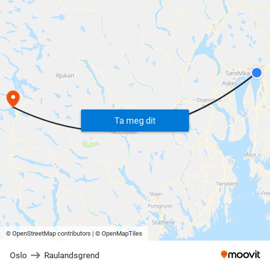 Oslo to Raulandsgrend map