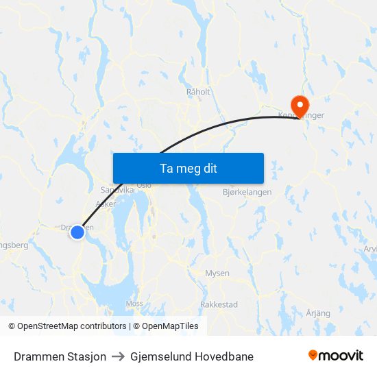 Drammen Stasjon to Gjemselund Hovedbane map