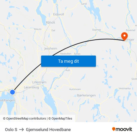 Oslo S to Gjemselund Hovedbane map