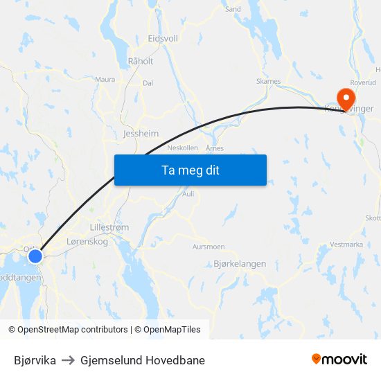 Bjørvika to Gjemselund Hovedbane map