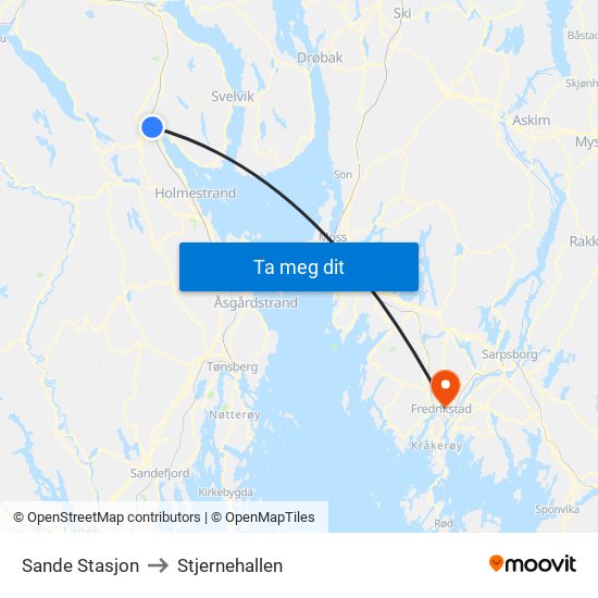 Sande Stasjon to Stjernehallen map