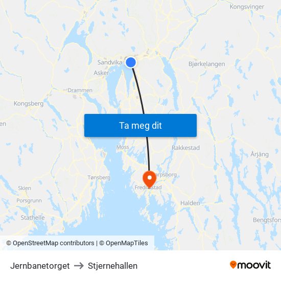 Jernbanetorget to Stjernehallen map