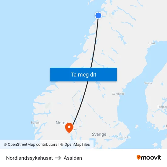 Nordlandssykehuset to Åssiden map