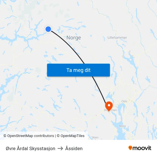 Øvre Årdal Skysstasjon to Åssiden map
