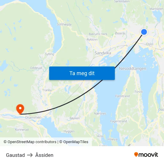 Gaustad to Åssiden map