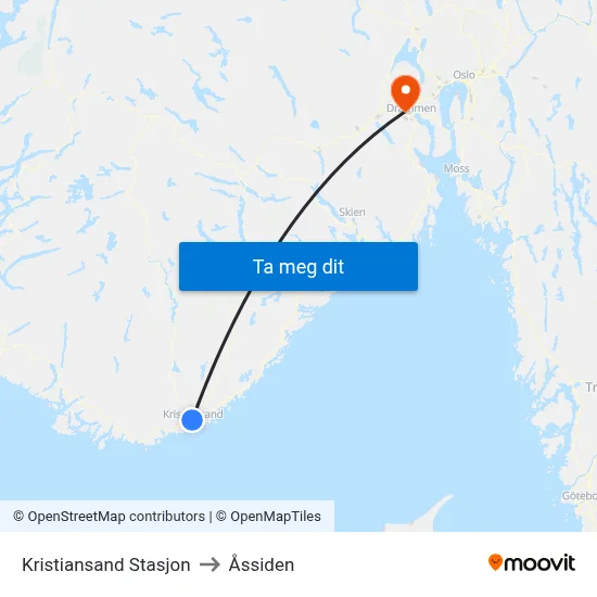 Kristiansand Stasjon to Åssiden map