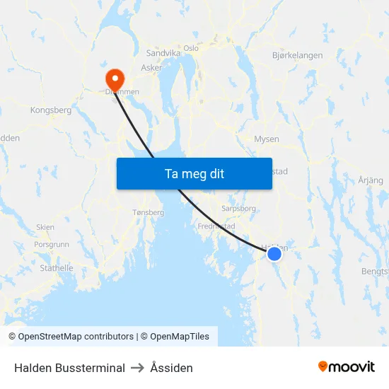 Halden Bussterminal to Åssiden map