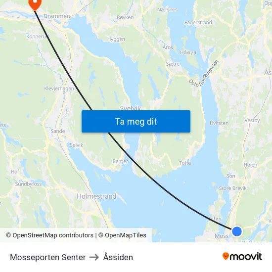 Mosseporten Senter to Åssiden map