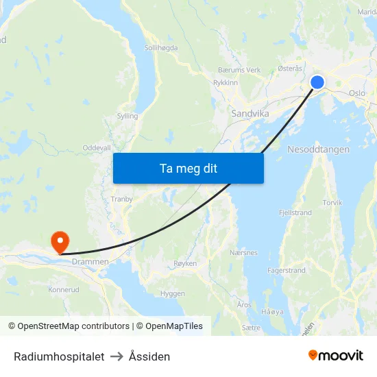 Radiumhospitalet to Åssiden map