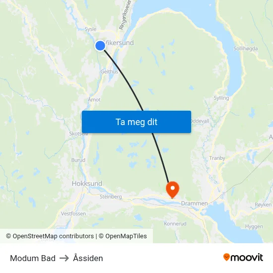 Modum Bad to Åssiden map