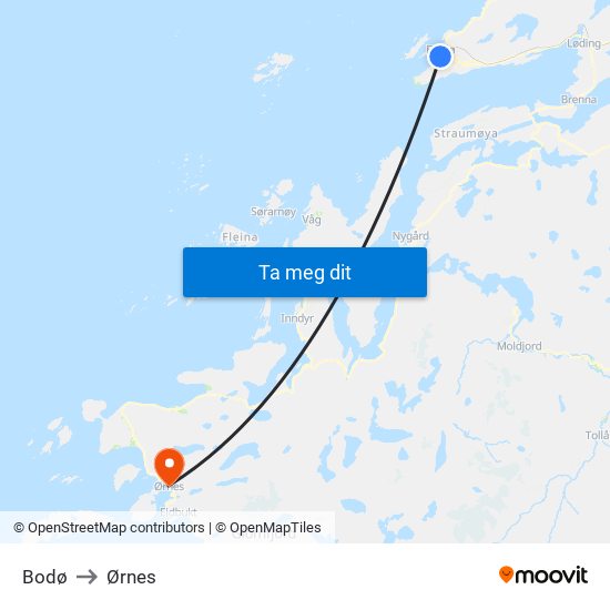 Bodø to Ørnes map