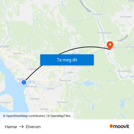 Hamar to Elverum map