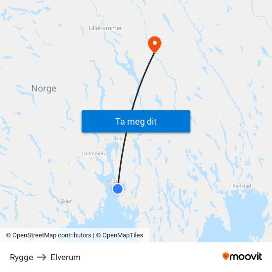 Rygge to Elverum map