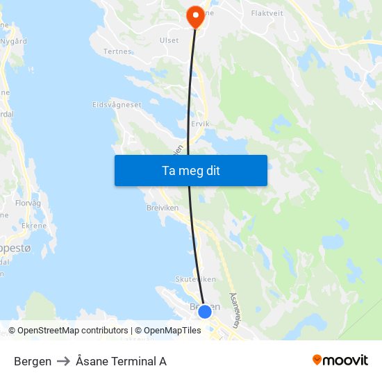 Bergen to Åsane Terminal A map