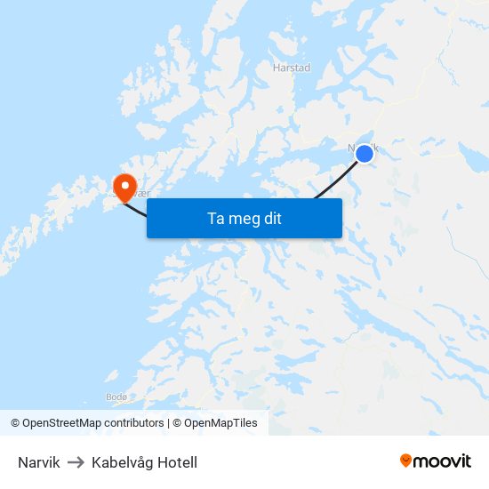 Narvik to Kabelvåg Hotell map