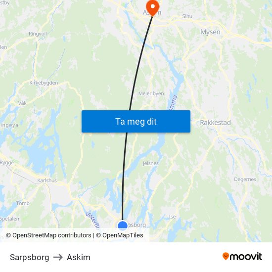 Sarpsborg to Askim map