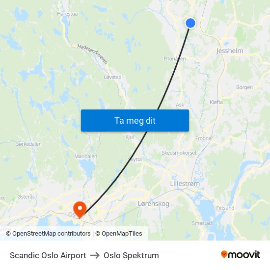 Scandic Oslo Airport to Oslo Spektrum map