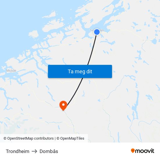 Trondheim to Dombås map