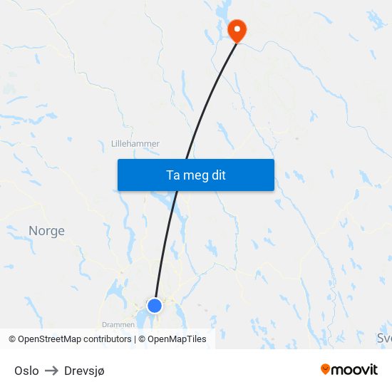Oslo to Drevsjø map