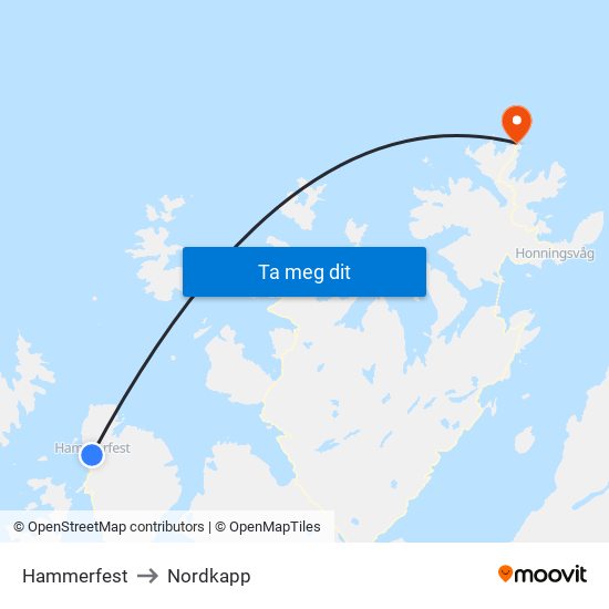 Hammerfest to Nordkapp map