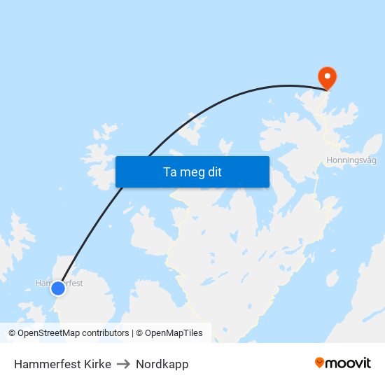 Hammerfest Kirke to Nordkapp map