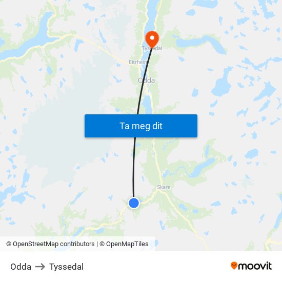 Odda to Tyssedal map