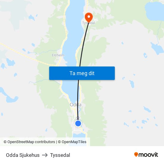 Odda Sjukehus to Tyssedal map