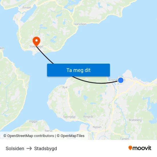 Solsiden to Stadsbygd map