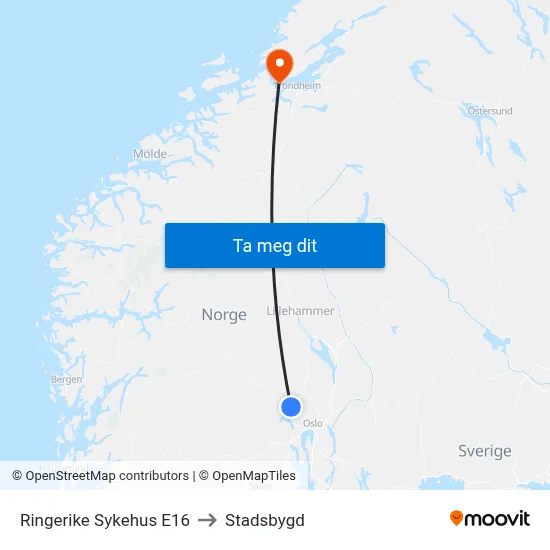 Ringerike Sykehus E16 to Stadsbygd map
