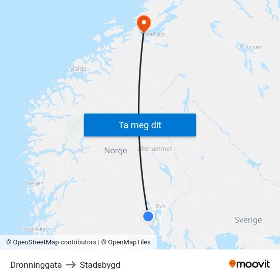 Dronninggata to Stadsbygd map